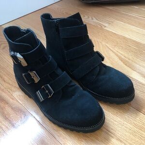 Vaneli Black Suede Buckle Ankle Boots